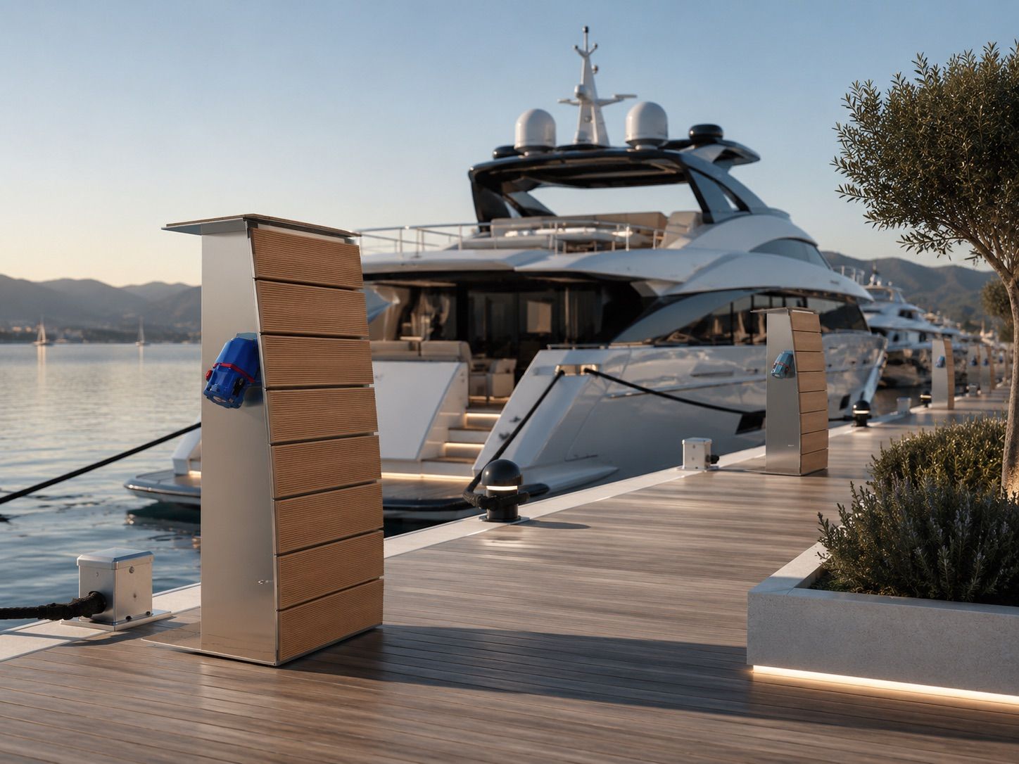 Colonnina multiservizio Leonardo Pedestal su un pontile accanto a un superyacht