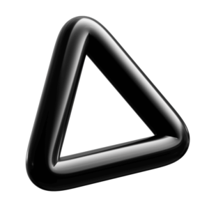 L'immagine mostra un oggetto tridimensionale a forma di triangolo con bordi arrotondati e una finitura liscia e lucida di colore nero. L'oggetto ha un aspetto moderno e astratto, simile a una scultura o un simbolo stilizzato.