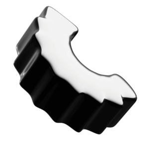 L'immagine mostra un oggetto tridimensionale con una forma curva e angolare, caratterizzato da una superficie liscia e lucida di colore nero con una parte superiore bianca. Ha un design moderno e astratto, simile a un elemento decorativo o una scultura contemporanea.